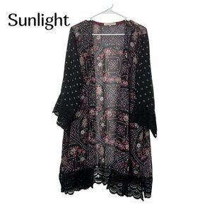 Rewind Womens SZ XXL Pink/Black Floral Boho Kimono Cardigan With Lace Trim